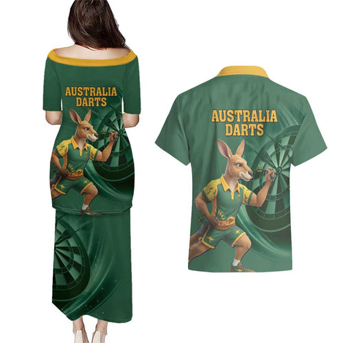 Australia Kangaroo Mascot Darts Couples Matching Puletasi and Hawaiian Shirt Green Edition
