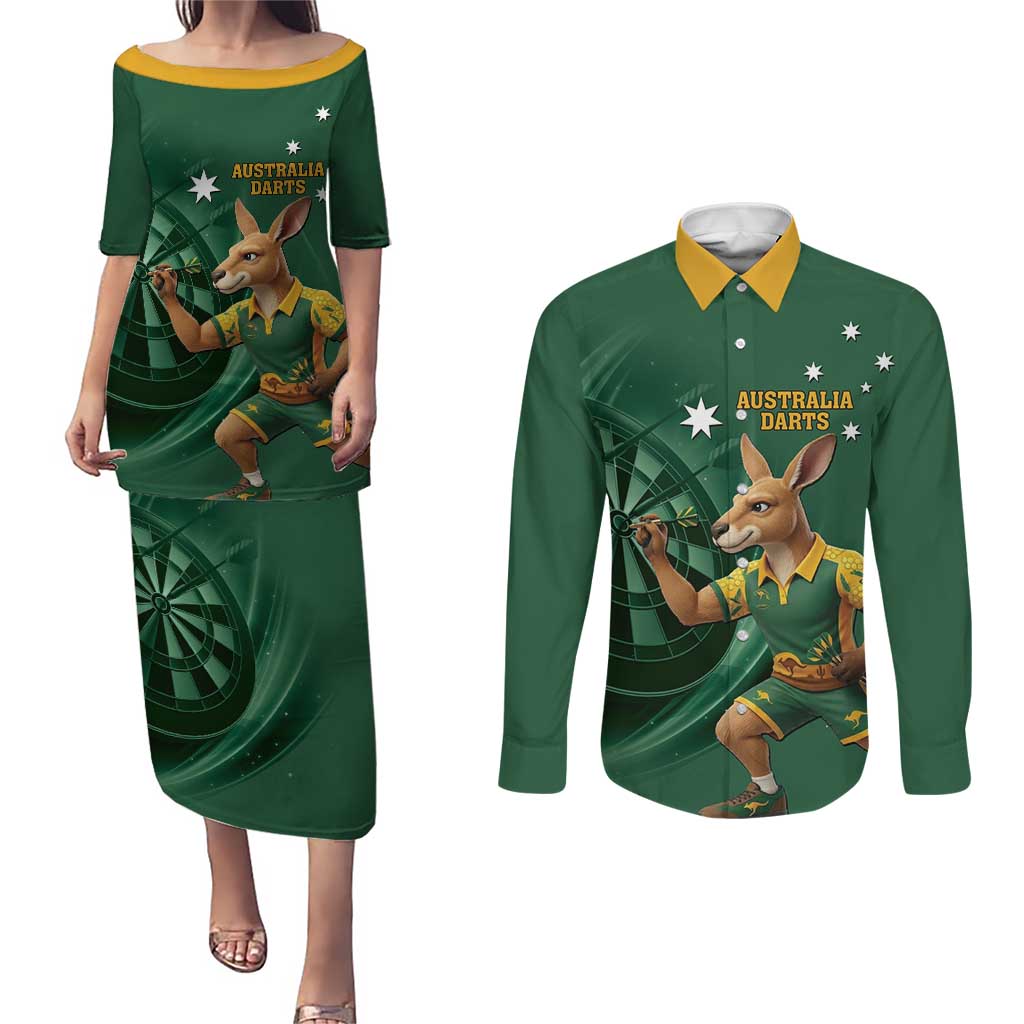 Australia Kangaroo Mascot Darts Couples Matching Puletasi and Long Sleeve Button Shirt Green Edition