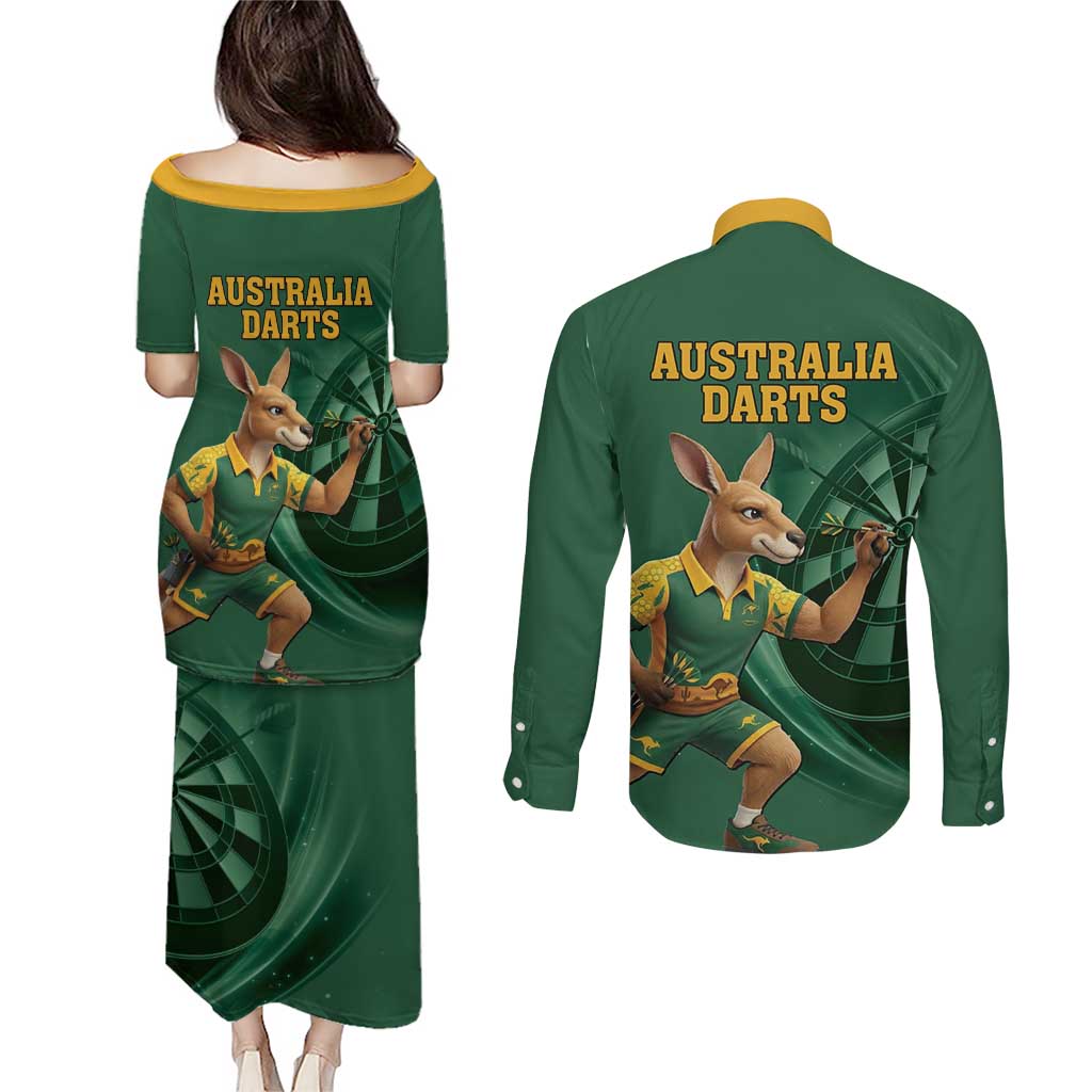 Australia Kangaroo Mascot Darts Couples Matching Puletasi and Long Sleeve Button Shirt Green Edition