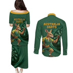Australia Kangaroo Mascot Darts Couples Matching Puletasi and Long Sleeve Button Shirt Green Edition