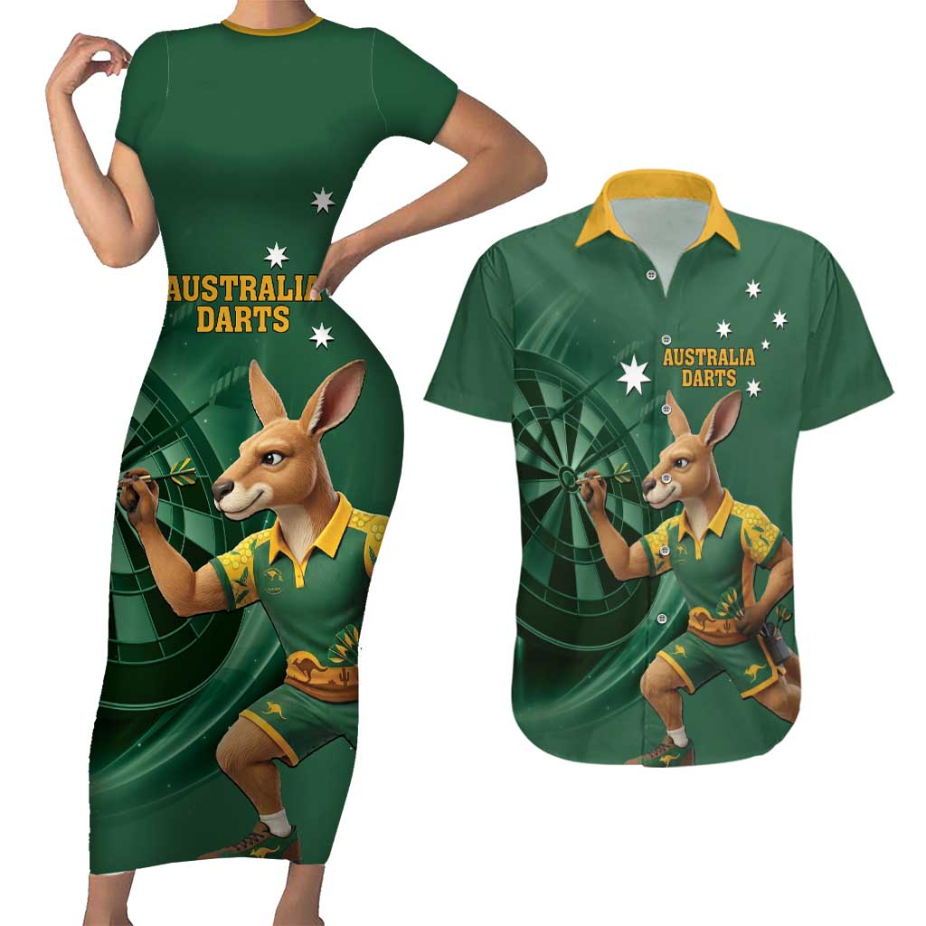 Australia Kangaroo Mascot Darts Couples Matching Short Sleeve Bodycon Dress and Hawaiian Shirt Green Edition