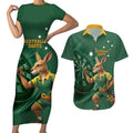 Australia Kangaroo Mascot Darts Couples Matching Short Sleeve Bodycon Dress and Hawaiian Shirt Green Edition