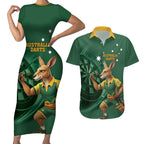 Australia Kangaroo Mascot Darts Couples Matching Short Sleeve Bodycon Dress and Hawaiian Shirt Green Edition