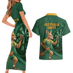 Australia Kangaroo Mascot Darts Couples Matching Short Sleeve Bodycon Dress and Hawaiian Shirt Green Edition
