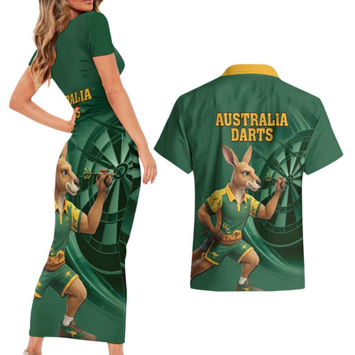 Australia Kangaroo Mascot Darts Couples Matching Short Sleeve Bodycon Dress and Hawaiian Shirt Green Edition