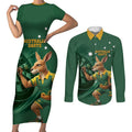 Australia Kangaroo Mascot Darts Couples Matching Short Sleeve Bodycon Dress and Long Sleeve Button Shirt Green Edition