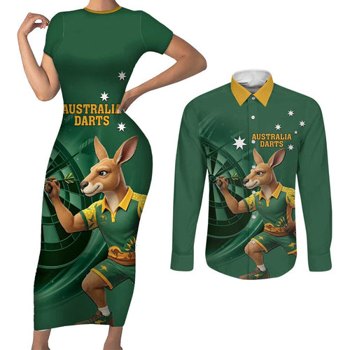 Australia Kangaroo Mascot Darts Couples Matching Short Sleeve Bodycon Dress and Long Sleeve Button Shirt Green Edition