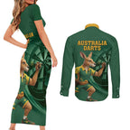 Australia Kangaroo Mascot Darts Couples Matching Short Sleeve Bodycon Dress and Long Sleeve Button Shirt Green Edition