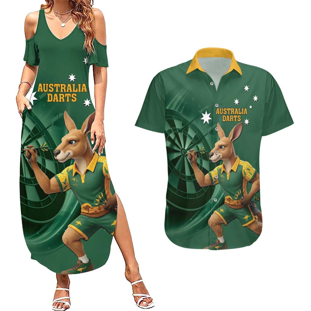 Australia Kangaroo Mascot Darts Couples Matching Summer Maxi Dress and Hawaiian Shirt Green Edition