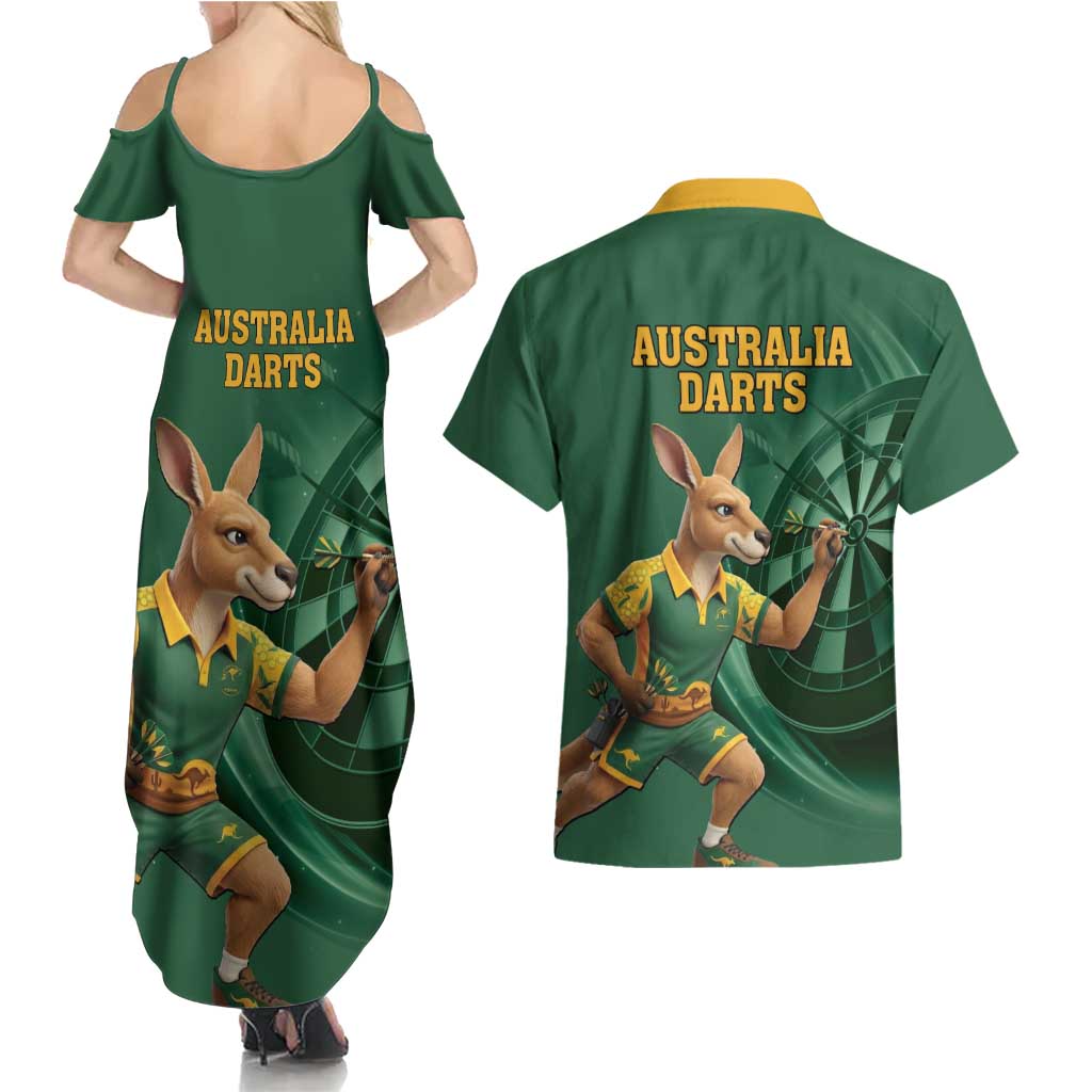Australia Kangaroo Mascot Darts Couples Matching Summer Maxi Dress and Hawaiian Shirt Green Edition