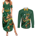 Australia Kangaroo Mascot Darts Couples Matching Summer Maxi Dress and Long Sleeve Button Shirt Green Edition