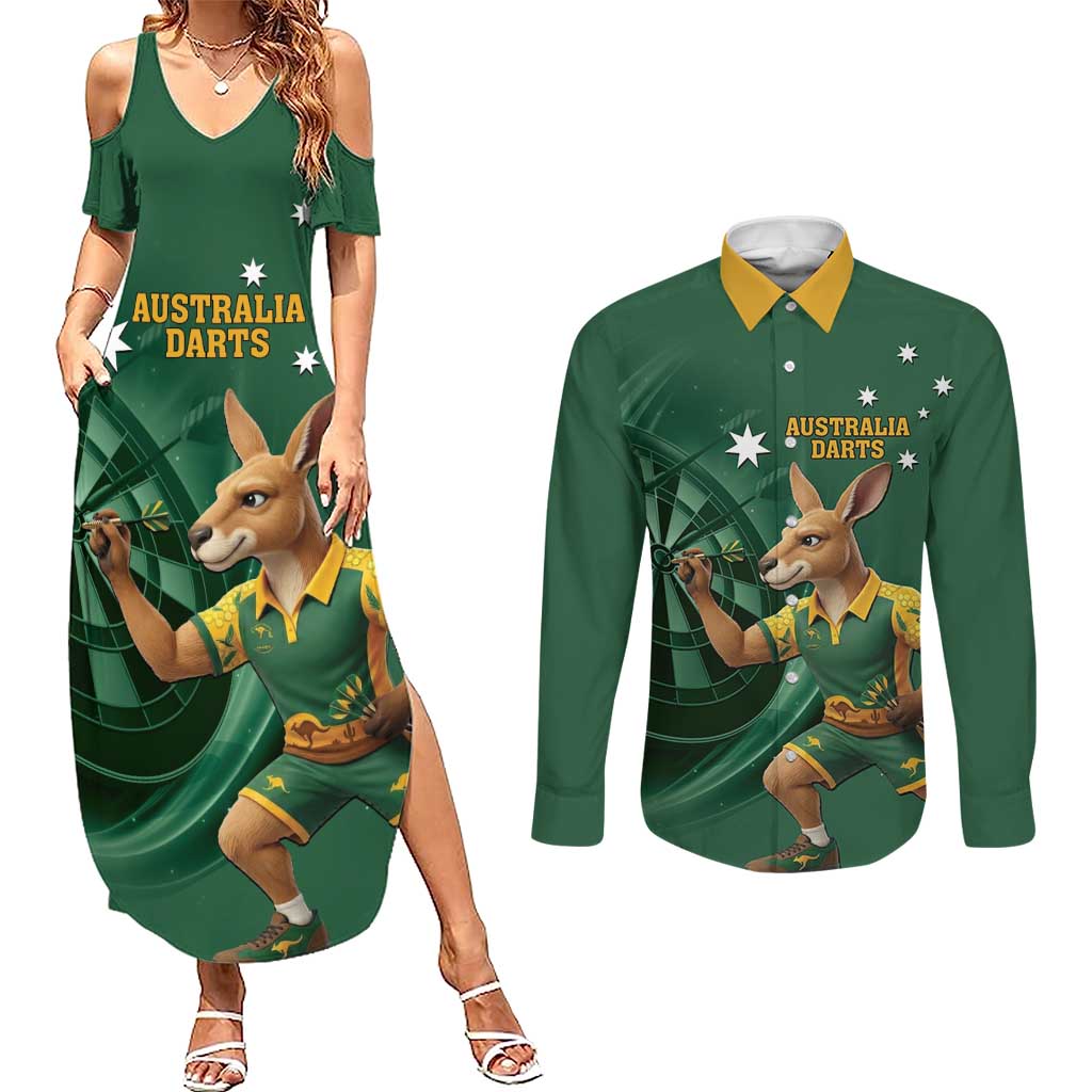 Australia Kangaroo Mascot Darts Couples Matching Summer Maxi Dress and Long Sleeve Button Shirt Green Edition
