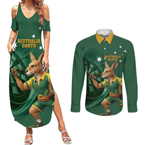Australia Kangaroo Mascot Darts Couples Matching Summer Maxi Dress and Long Sleeve Button Shirt Green Edition