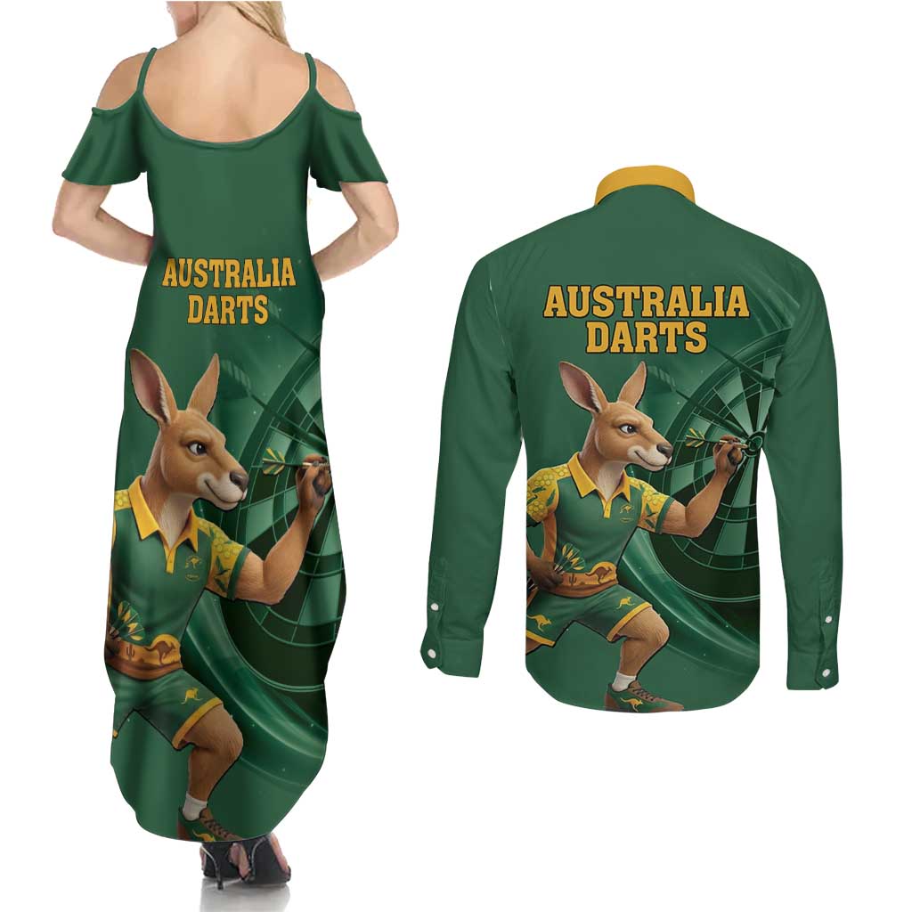 Australia Kangaroo Mascot Darts Couples Matching Summer Maxi Dress and Long Sleeve Button Shirt Green Edition