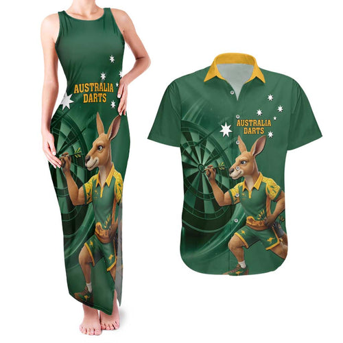 Australia Kangaroo Mascot Darts Couples Matching Tank Maxi Dress and Hawaiian Shirt Green Edition
