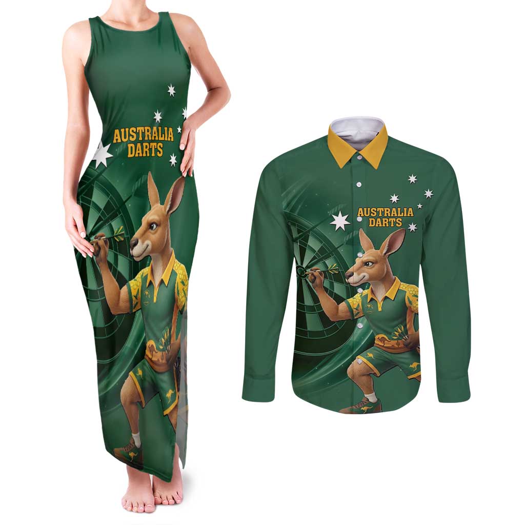 Australia Kangaroo Mascot Darts Couples Matching Tank Maxi Dress and Long Sleeve Button Shirt Green Edition