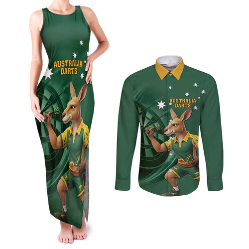 Australia Kangaroo Mascot Darts Couples Matching Tank Maxi Dress and Long Sleeve Button Shirt Green Edition
