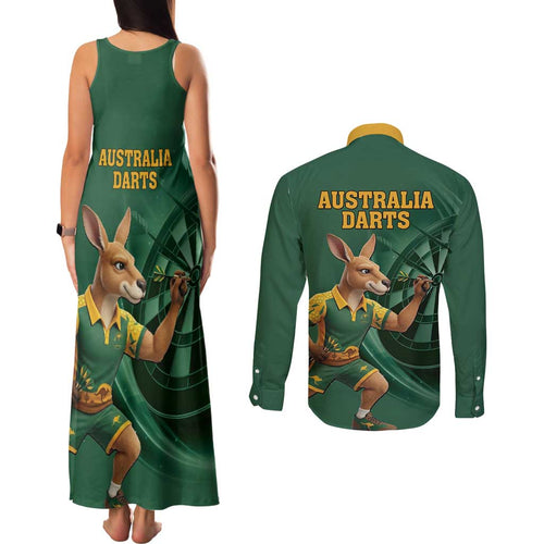 Australia Kangaroo Mascot Darts Couples Matching Tank Maxi Dress and Long Sleeve Button Shirt Green Edition