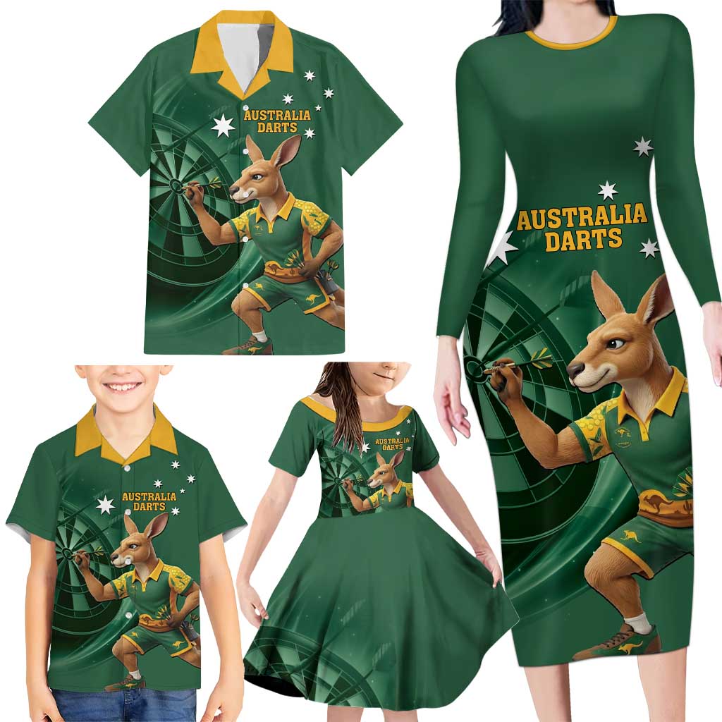 Australia Kangaroo Mascot Darts Family Matching Long Sleeve Bodycon Dress and Hawaiian Shirt Green Edition