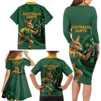 Australia Kangaroo Mascot Darts Family Matching Long Sleeve Bodycon Dress and Hawaiian Shirt Green Edition