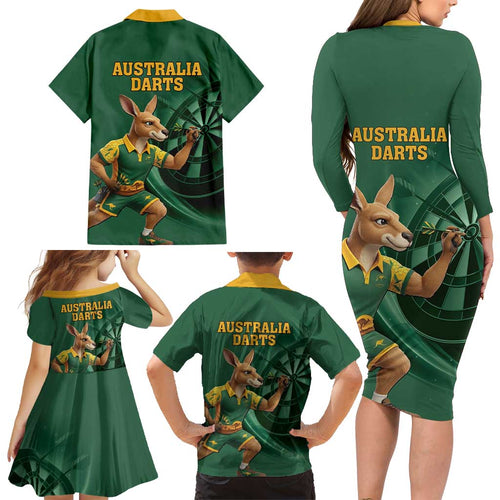 Australia Kangaroo Mascot Darts Family Matching Long Sleeve Bodycon Dress and Hawaiian Shirt Green Edition