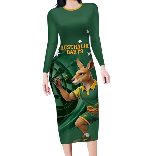 Australia Kangaroo Mascot Darts Family Matching Long Sleeve Bodycon Dress and Hawaiian Shirt Green Edition