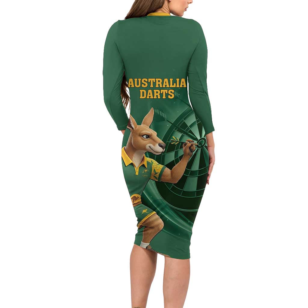 Australia Kangaroo Mascot Darts Family Matching Long Sleeve Bodycon Dress and Hawaiian Shirt Green Edition