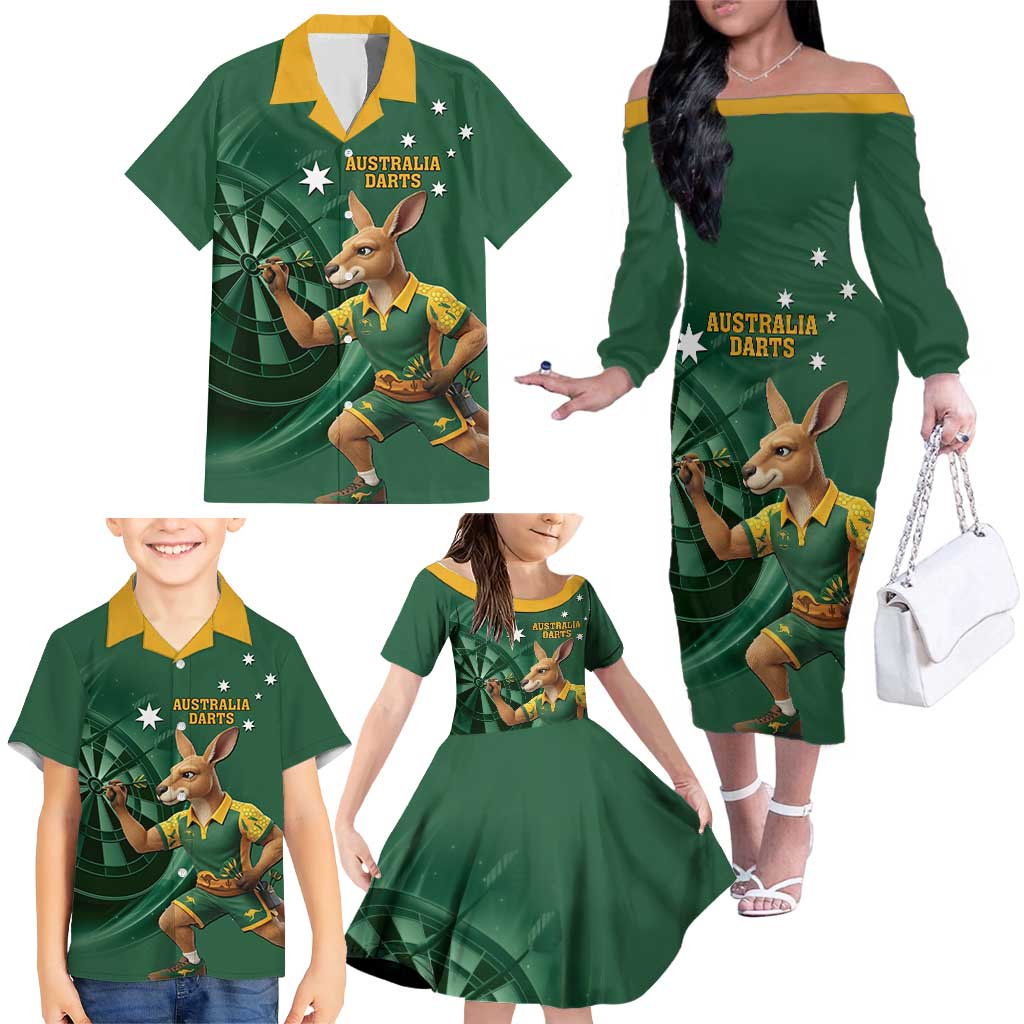Australia Kangaroo Mascot Darts Family Matching Off The Shoulder Long Sleeve Dress and Hawaiian Shirt Green Edition