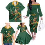 Australia Kangaroo Mascot Darts Family Matching Off The Shoulder Long Sleeve Dress and Hawaiian Shirt Green Edition