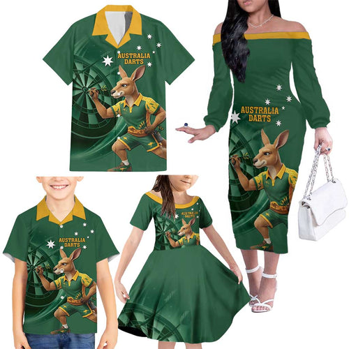 Australia Kangaroo Mascot Darts Family Matching Off The Shoulder Long Sleeve Dress and Hawaiian Shirt Green Edition