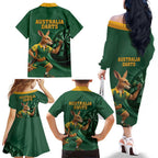 Australia Kangaroo Mascot Darts Family Matching Off The Shoulder Long Sleeve Dress and Hawaiian Shirt Green Edition
