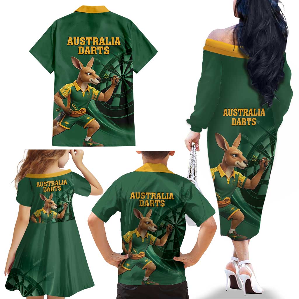 Australia Kangaroo Mascot Darts Family Matching Off The Shoulder Long Sleeve Dress and Hawaiian Shirt Green Edition