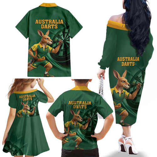 Australia Kangaroo Mascot Darts Family Matching Off The Shoulder Long Sleeve Dress and Hawaiian Shirt Green Edition
