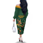 Australia Kangaroo Mascot Darts Family Matching Off The Shoulder Long Sleeve Dress and Hawaiian Shirt Green Edition