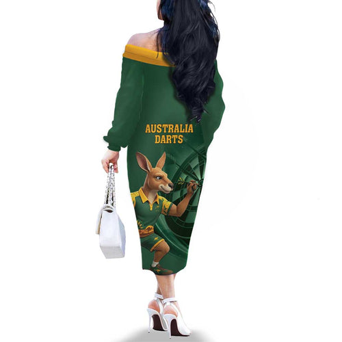 Australia Kangaroo Mascot Darts Family Matching Off The Shoulder Long Sleeve Dress and Hawaiian Shirt Green Edition