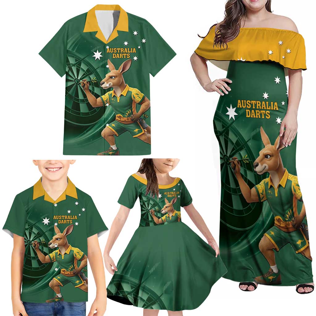 Australia Kangaroo Mascot Darts Family Matching Off Shoulder Maxi Dress and Hawaiian Shirt Green Edition