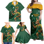 Australia Kangaroo Mascot Darts Family Matching Off Shoulder Maxi Dress and Hawaiian Shirt Green Edition