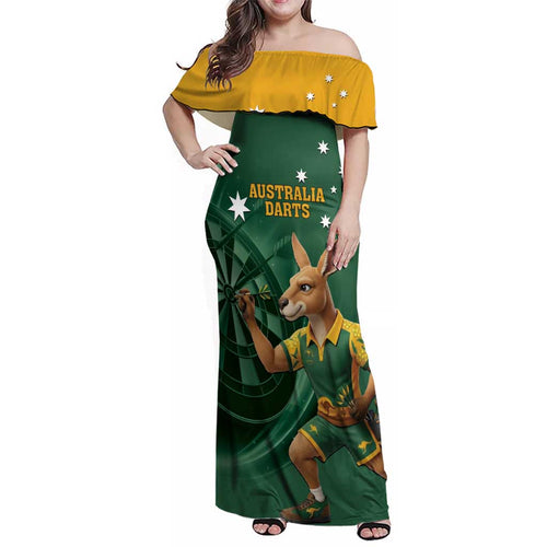 Australia Kangaroo Mascot Darts Family Matching Off Shoulder Maxi Dress and Hawaiian Shirt Green Edition