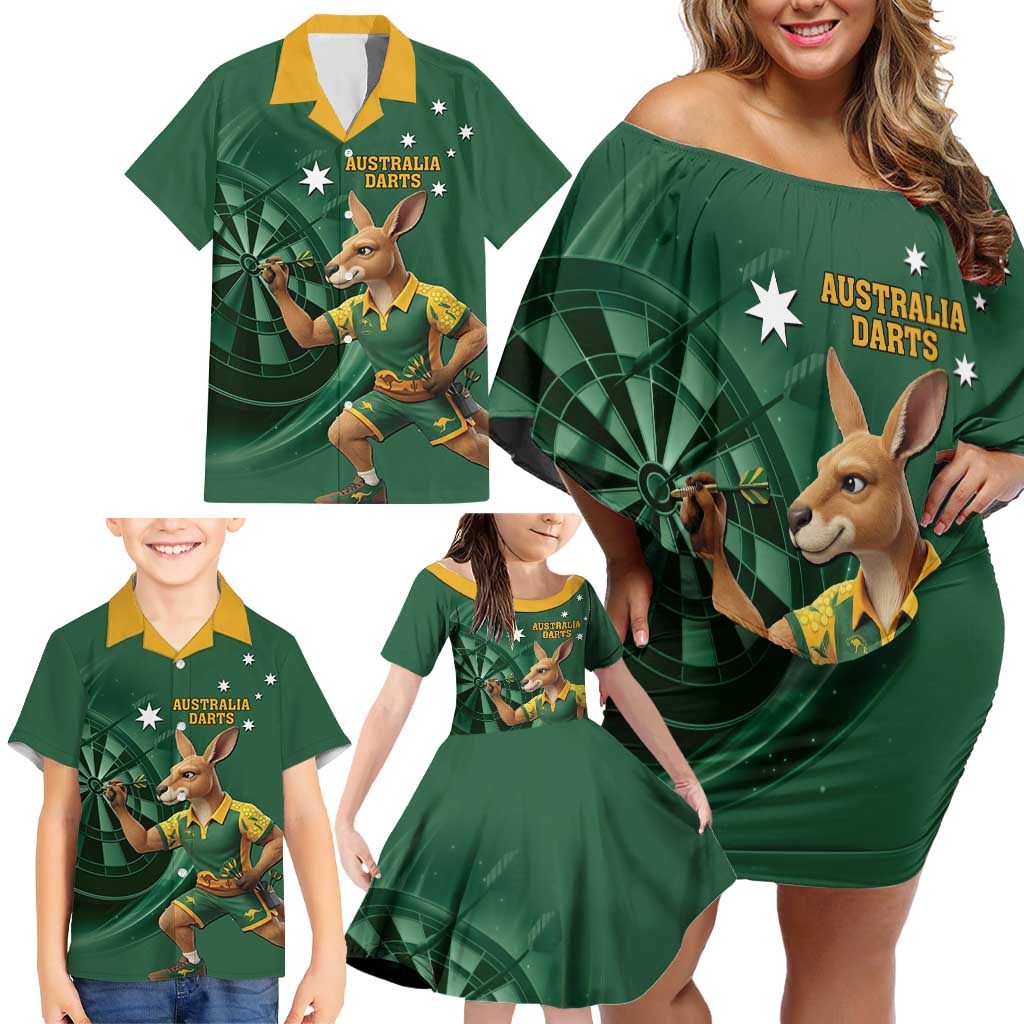 Australia Kangaroo Mascot Darts Family Matching Off Shoulder Short Dress and Hawaiian Shirt Green Edition