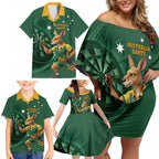 Australia Kangaroo Mascot Darts Family Matching Off Shoulder Short Dress and Hawaiian Shirt Green Edition