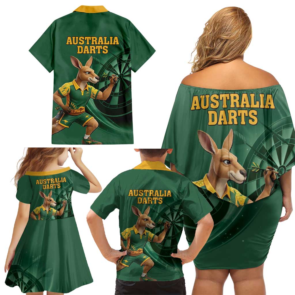Australia Kangaroo Mascot Darts Family Matching Off Shoulder Short Dress and Hawaiian Shirt Green Edition