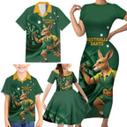Australia Kangaroo Mascot Darts Family Matching Short Sleeve Bodycon Dress and Hawaiian Shirt Green Edition