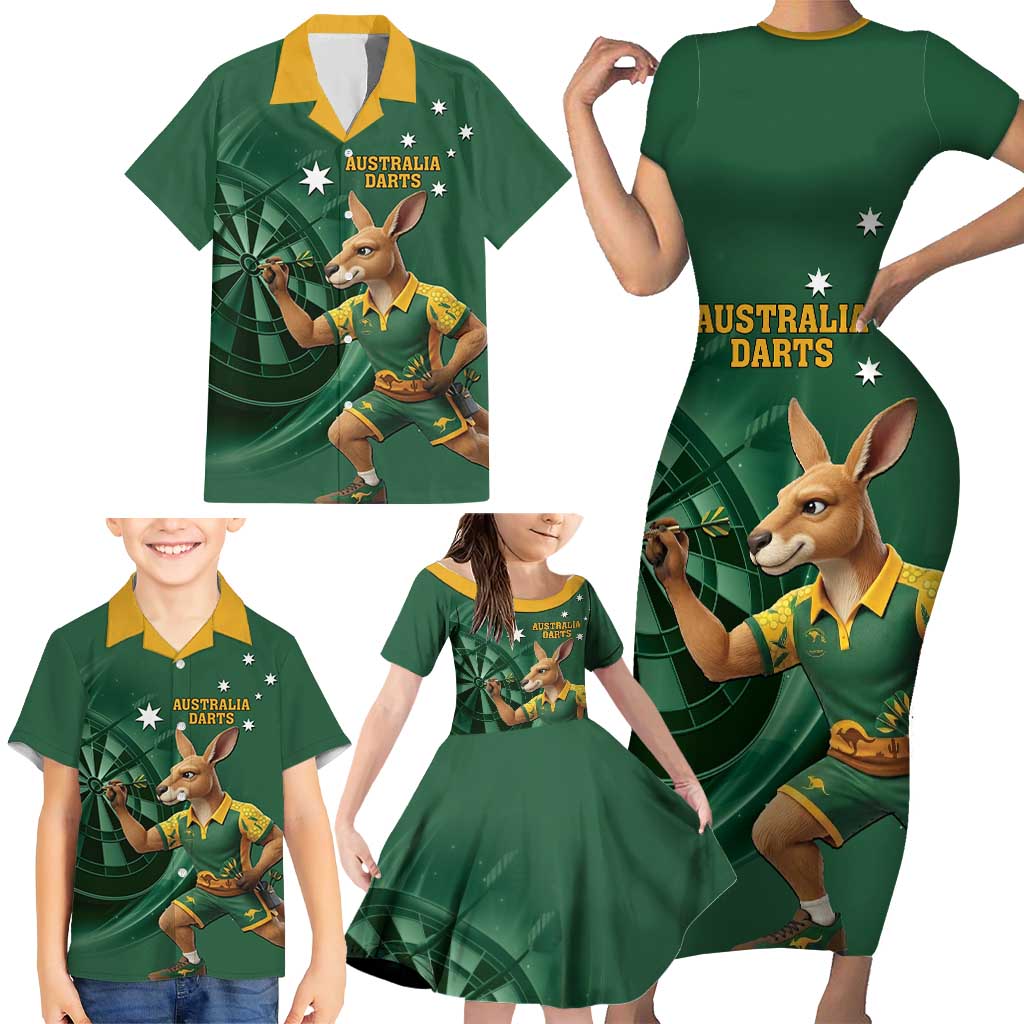 Australia Kangaroo Mascot Darts Family Matching Short Sleeve Bodycon Dress and Hawaiian Shirt Green Edition