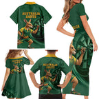 Australia Kangaroo Mascot Darts Family Matching Short Sleeve Bodycon Dress and Hawaiian Shirt Green Edition