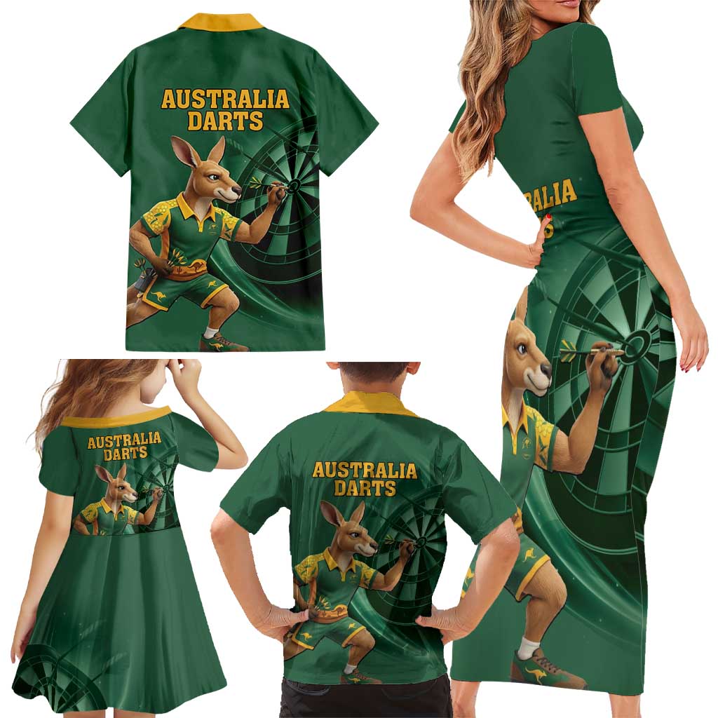 Australia Kangaroo Mascot Darts Family Matching Short Sleeve Bodycon Dress and Hawaiian Shirt Green Edition