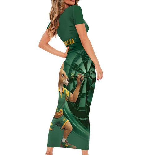 Australia Kangaroo Mascot Darts Family Matching Short Sleeve Bodycon Dress and Hawaiian Shirt Green Edition