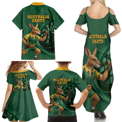 Australia Kangaroo Mascot Darts Family Matching Summer Maxi Dress and Hawaiian Shirt Green Edition