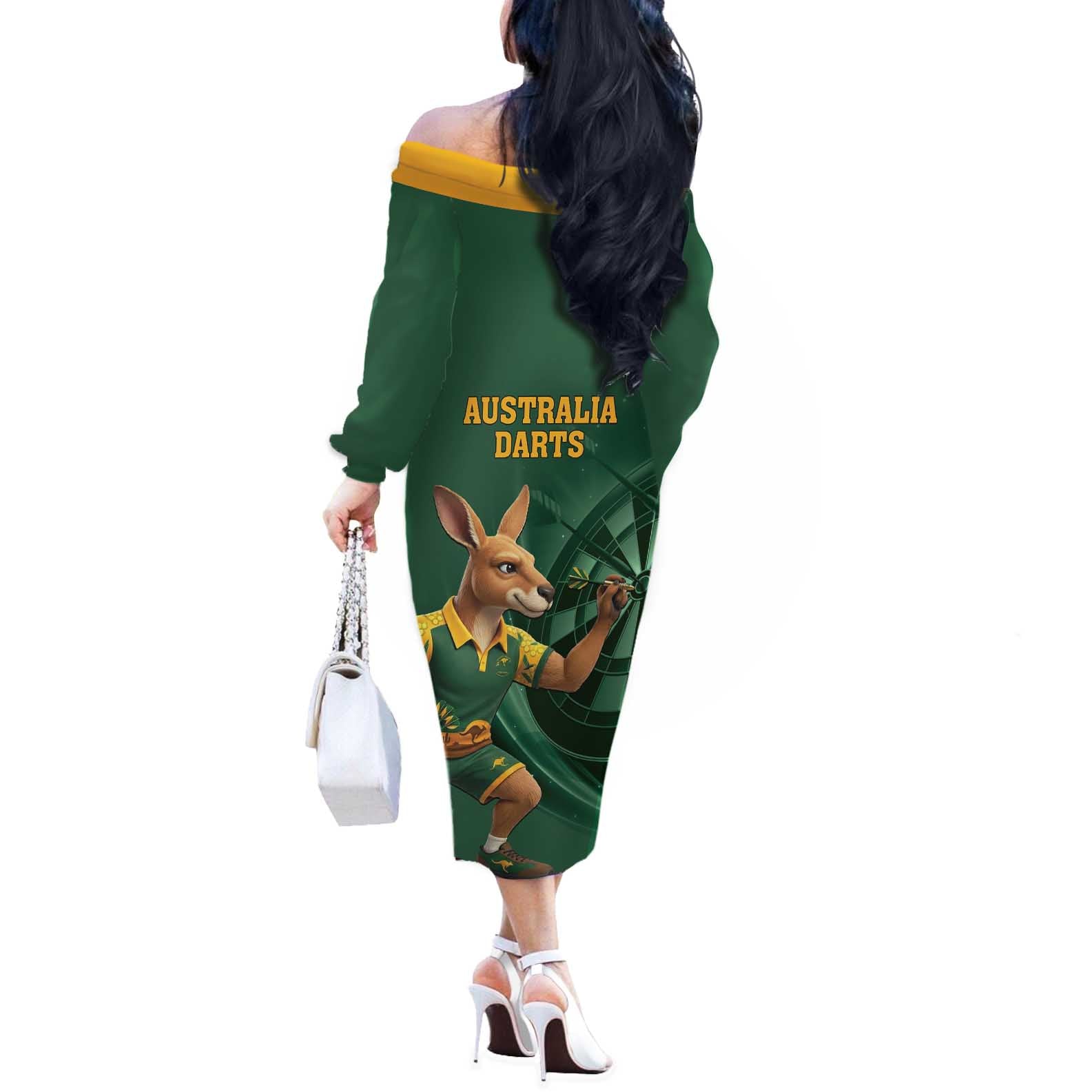Australia Kangaroo Mascot Darts Off The Shoulder Long Sleeve Dress Green Edition