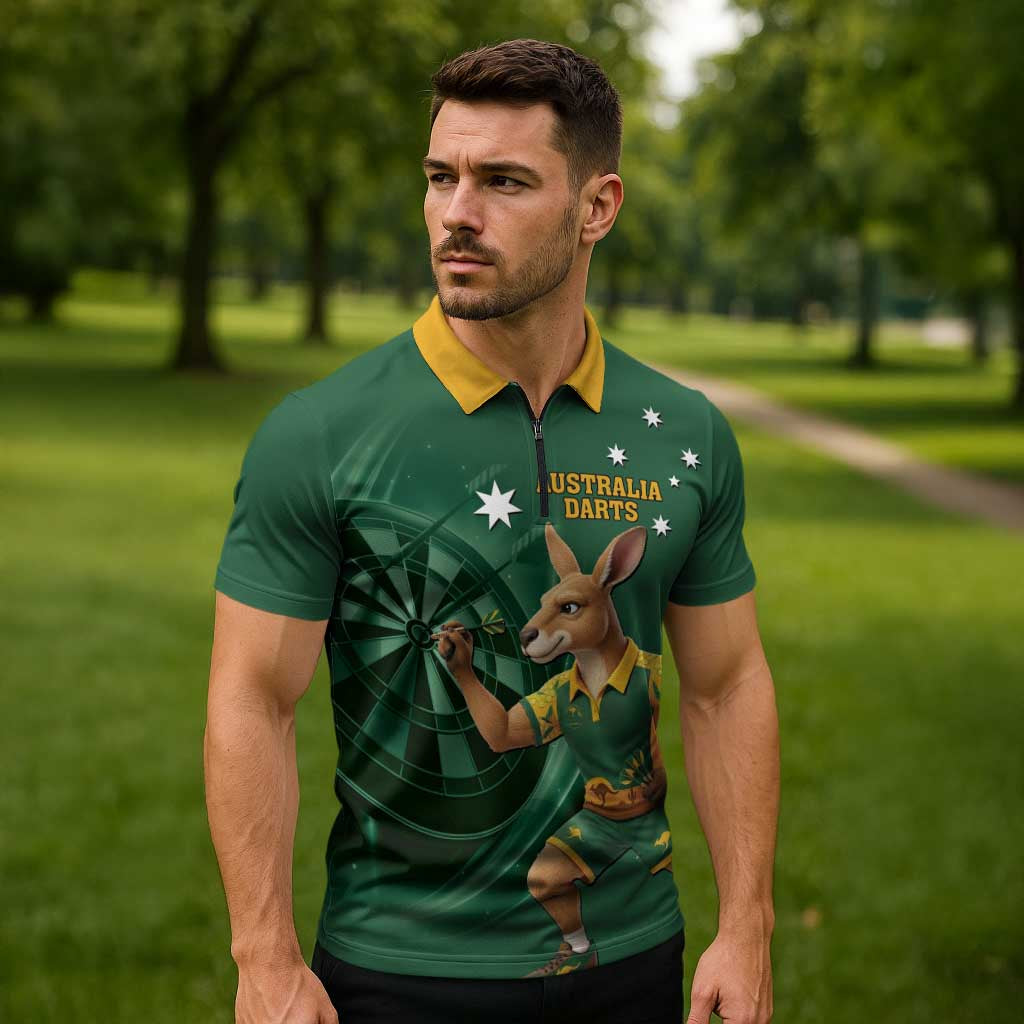 Australia Kangaroo Mascot Darts Zipper Polo Shirt Green Edition