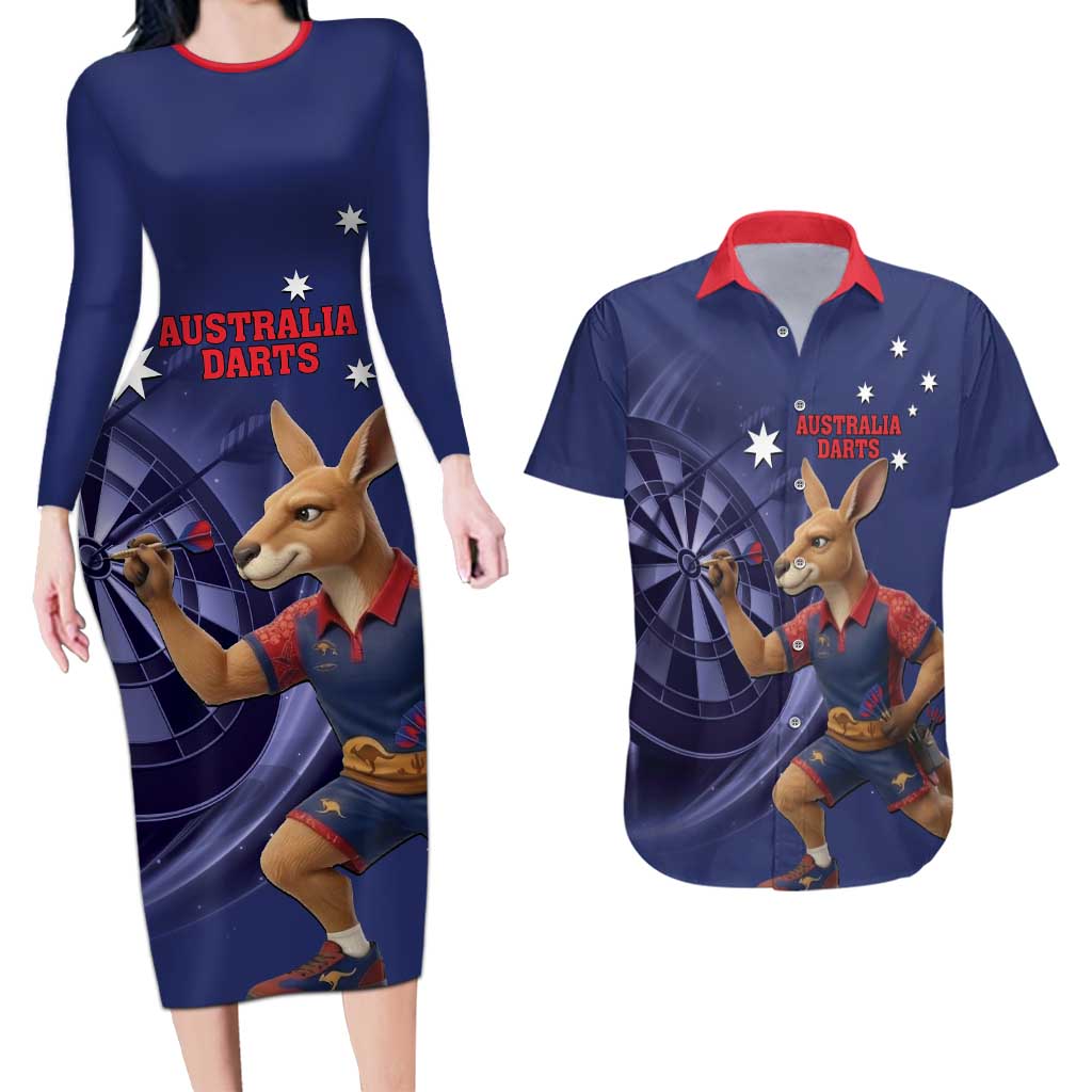 Australia Kangaroo Mascot Darts Couples Matching Long Sleeve Bodycon Dress and Hawaiian Shirt Blue Edition